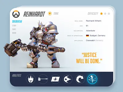 Reinhardt Info Card abilities blizzard card flat game gaming info interface overwatch reinhardt ui ux