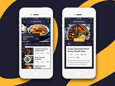 Recipe screens app cooking dark design flat interface iot material mobile recipe ui ux