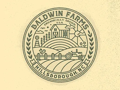 Baldwin Farms banner barn farm linework logo north carolina organic rooster sun tractor