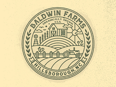 Baldwin Farms banner barn farm linework logo north carolina organic rooster sun tractor