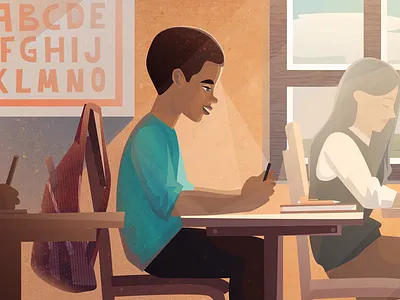 Classroom alphabet boy classroom girl light phone table typing window