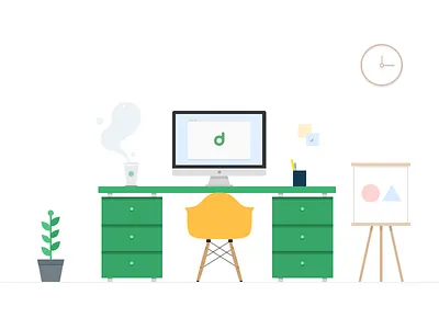 Workspace broad chair clock coffee computer desk plant space white work