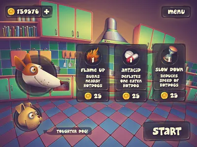 Wiener Roast menues dog game game over menu power up powerup purchase ui vector