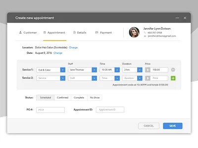 Setting up appointment window app appointments interface modal saas tabs ui ux web