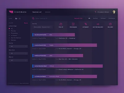 Trackinglist dark ui dashboard logistic progress sketch ui web design