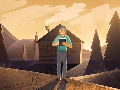 Man birds character clouds grass hills house illustration man sky sunset tablet trees