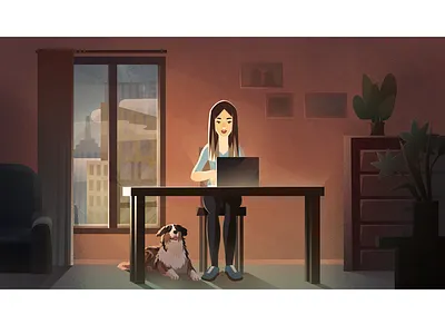 Girl With Laptop character dog girl illustration laptop light room window