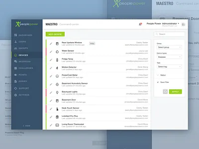Devices page design device filter interface layout menu table tag ui web website