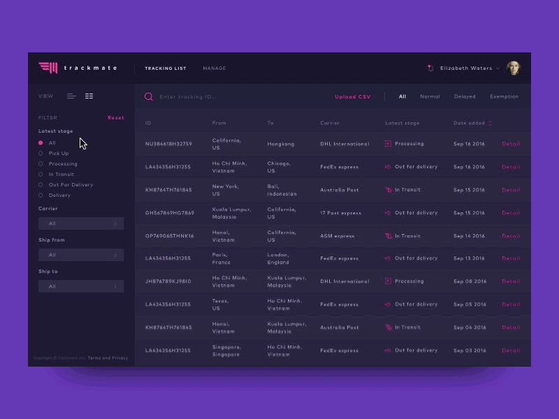 Trackinglist (animation) animation dark ui dashboard logistic motion principle progress sketch ui web design