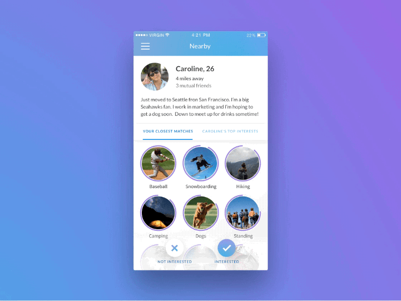 Thaw | Visualizing shared interests interaction interaction design ios mobile principle prototype swipe swiping ui ui design ux ux design