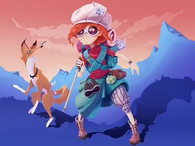 Hiker binoculars camping character dog girl hiker hiking illustration mountains teapot