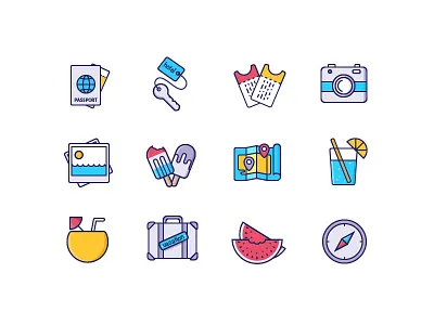 Vacation Stuff Icons (+freebie) adventure cocktail colorful globe ice cream icons illustration set tickets travel vacation