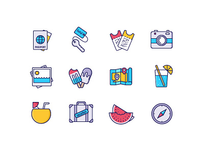 Vacation Stuff Icons (+freebie) adventure cocktail colorful globe ice cream icons illustration set tickets travel vacation