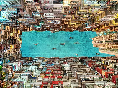 Swim With Me aerial apartments buildings collage photography photoshop swim swimmers water