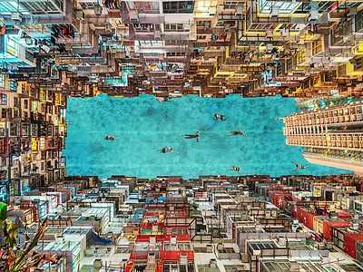Swim With Me aerial apartments buildings collage photography photoshop swim swimmers water
