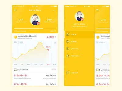 Financial investment App Design app cards chart design financial investment ios profile ui yellow