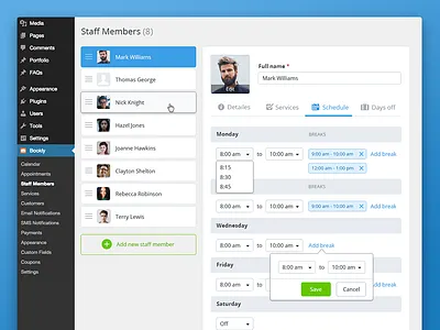 Bookly Admin Panel account admin appointment clean control panel schedule ui ux wordpress