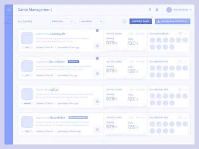 Game Management · List analytics console dashboard data developer games insight interface startup user testing ux wireframe