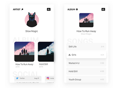 Artist & Album albums black clean light modern music player shadows simple social ui white