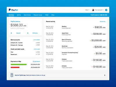Paypal redesign 💵 balance calendar concept dashboard filters invoices minimal payments paypal redesign transactions