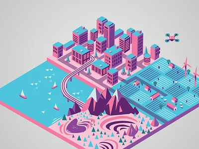 Drones city drone illustration isometric mine planning railways roadways rural urban vector