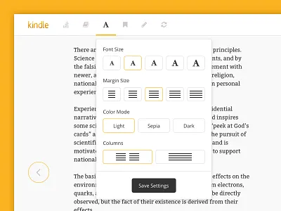 Kindle Cloud Reader - UI Redesign dropdown menu navigation redesign settings toggle ui user interface