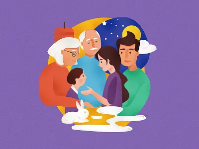 mid autumn festival autumn cloud family festival flat grandma grandpa illustration moon rabbit