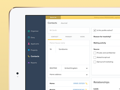 RPS Mobile Contacts Screen (real estate app) dashboard ipad minimal mobile real estate ui yellow