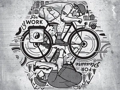 For Work & Pleasure bike biking commuter cycling flip flop halftone illustration racer randonneur rider twin six