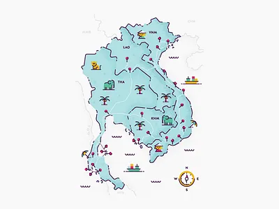 Southeast Asia - Route Map cambodia compass editorial illustration laos map spot texture thailand travel vietnam vintage
