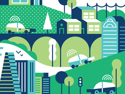 Car Fleet bridge buildings car fleet graphic hill houses trees
