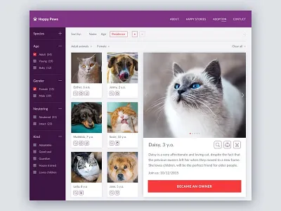 Happy Paws animals cadabra cat dog family filter home pets purple ui ux web