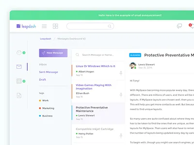 Leapdash Messages Page chat dashboard desktop inbox mail message messenger online ui ux webdesign