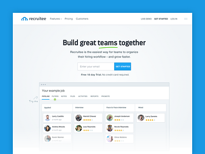Recruitee Website Redesign blue design header homepage layout logo navbar pipeline recruitee recruiting team website