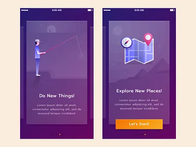 Onboarding App compass fishing flat illustration lake map mobile app moon night onboarding people pyramid