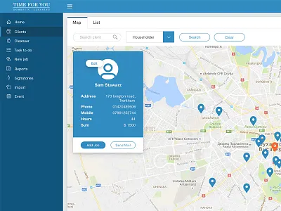 Time for you - admin panel admin panel blue clean list map pin profile sidebar sign up table web design