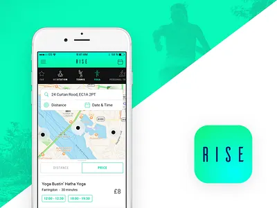 Rise app class fitness green group ios mobile rise running sleek sports training