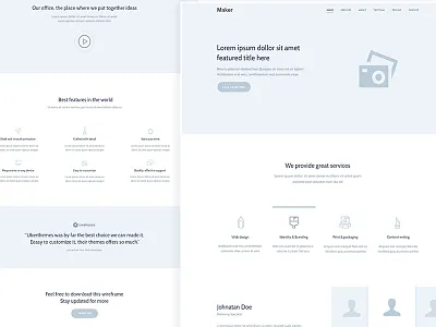 Wireframe Landing Page Free PSD file bootstrap clean features flat freebie home page html landing page navigation testimonials web
