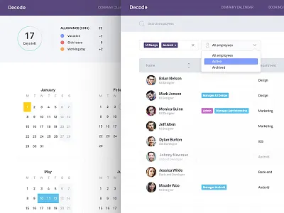 HR Manager - Employees & My Calendar app calendar clean company design hr manager ui ux web website