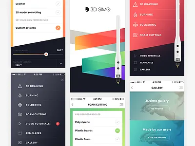 3Dsimo app screens 3d drawing 3d pen 3dsimo app colours icons ios menu minimal mobile ui ux