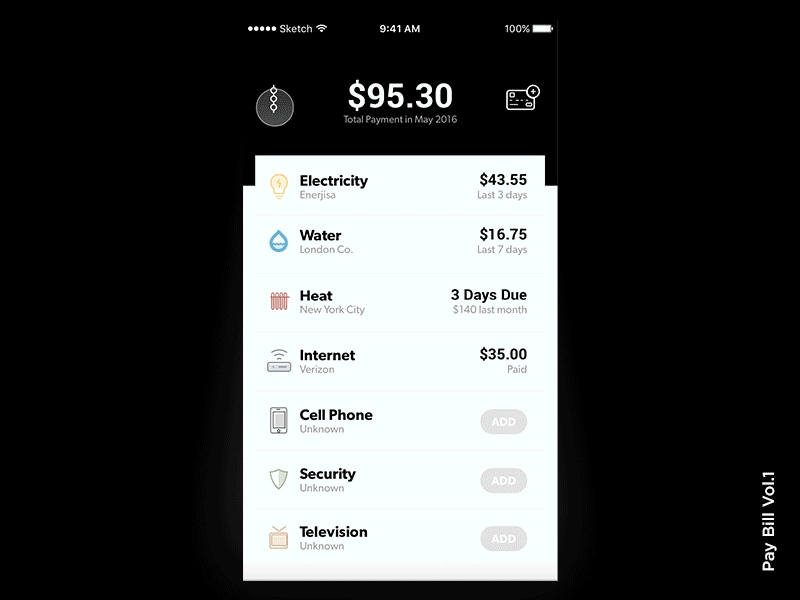 Pay Bill Vol. 1 bill creditcard mobile payment product timeline total