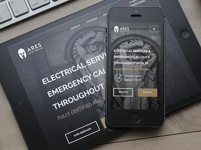 Ares Electrical - final home page black and white bw gold hero unit trade web design