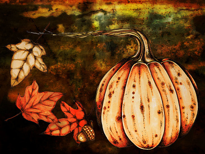 Autumnal acorn autumn fall halloween illustration leaves marker pen mixed media orange pen and ink pumpkin samhain