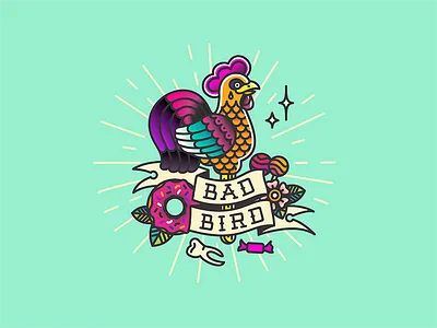 Bad Bird bad bird bully candy cock donut lollipop old rooster school studio tattoo