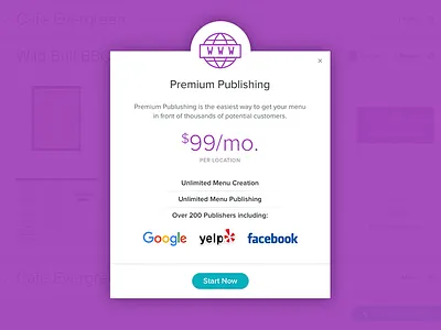 Premium Publishing Modal Overlay cta features menu modal overlay popup pricing publishing purple restaurant sass web
