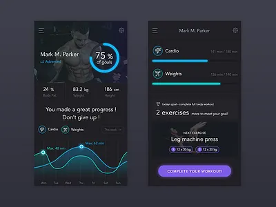 No Excuses app - profile screens app fitness gym profile sport ui ux workout
