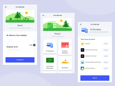 FutureJob - App Concept android blue choices flat freelancer green icon illustration ios mobile app rounded
