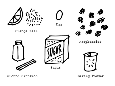 Raspberry Pie Bars baking powder cinnamon cooking eggs food illustration ingredients kitchen orange zest raspberries sugar