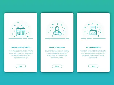 Onboarding Screens - Appointment Booking App app design green icons illustrations minimal mobile onboarding screens