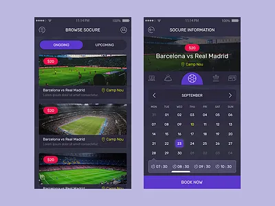 Soccer Reservation App app application dark design mobile reservation soccer sports theme ui ux